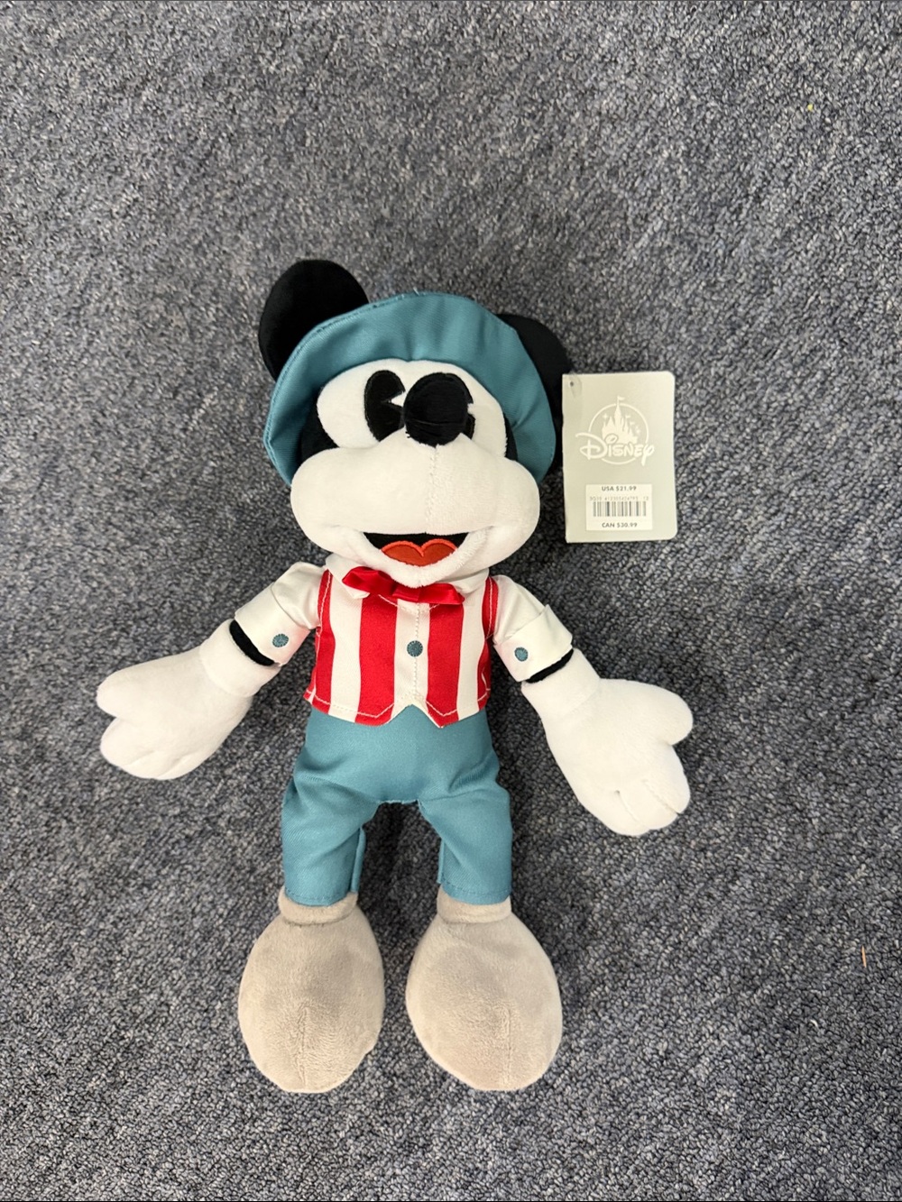 Disney Teal-Hat Mickey Mouse Plush with Red-White Striped Vest